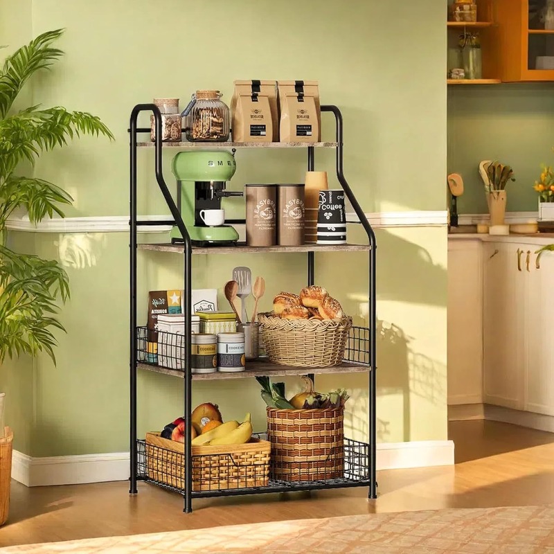 Kitchen Baking Table - 4層鉄製木製収納ラック、電子レンジラック、テーブルラック、キッチンベーキングラック。