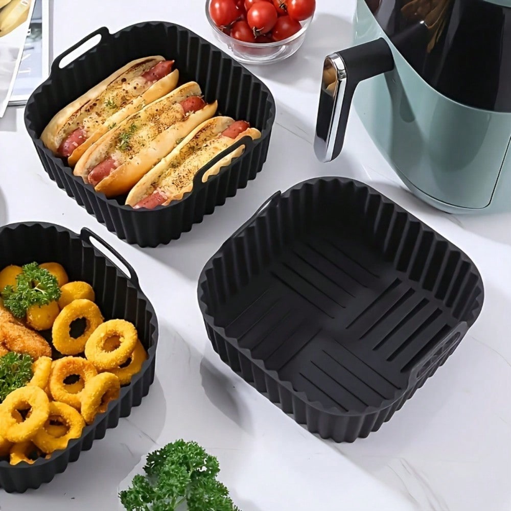 Kitchen Baking Store - 1個入り再利用可能なシリコン製エアフライヤーライナー、エアフライヤーアクセサリー、使い捨てベーキングトレイペーパーライナーの代替品、黒色の正方形、新学期用