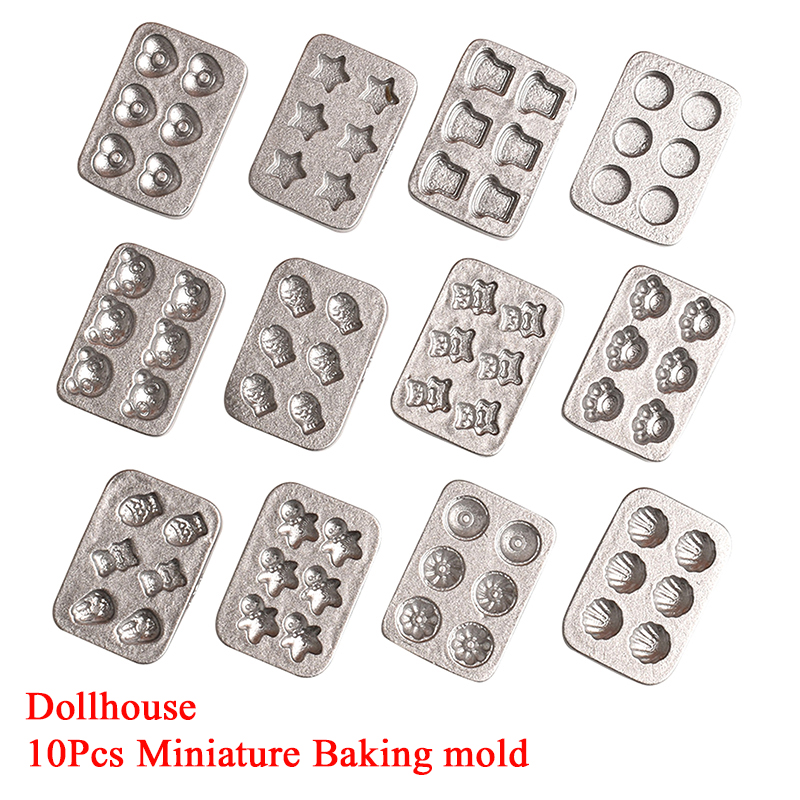 Kitchen Baking Molds - 10 個ドールハウスミニチュアミニケーキベーキングモールドキッチンシーンミニプレートジンジャーブレッドマンハートベーキングトレイモデル装飾