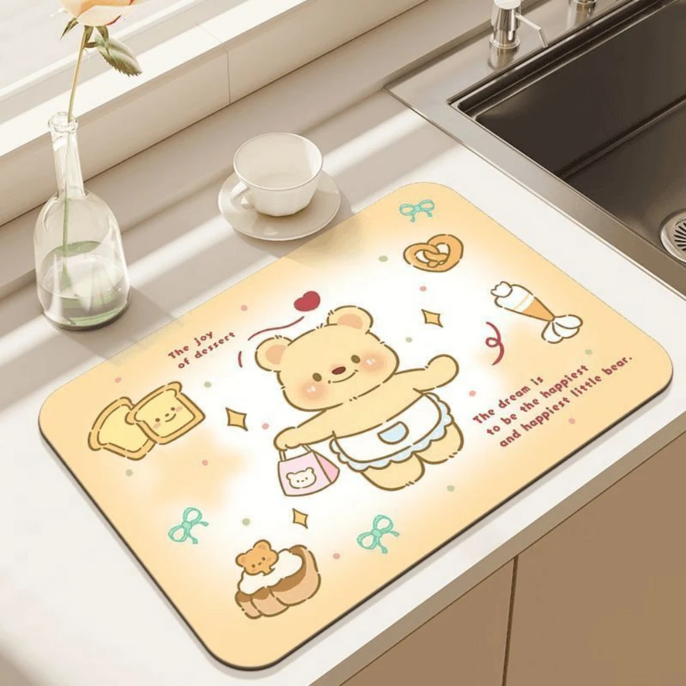 かわいい漫画のクマ柄食器乾燥マット 吸水性のあるキッチンカウ - Kitchen Living Baking Mats のレビューと価格
